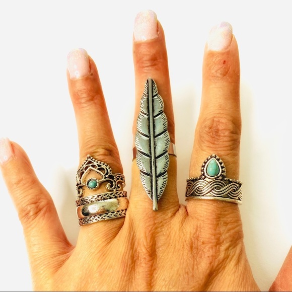 Grand Feather Turquoise Silver Tone Ring Set of 4 - Picture 2 of 4